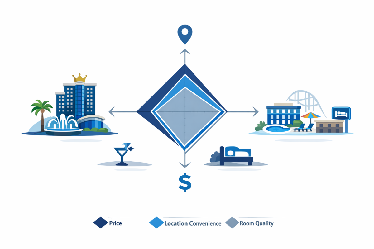 Infographic: Comparison chart showing “Luxury vs Mid‑Range vs Budget Strip Hotels For International Visitors” with axes for price, location convenience, room quality, and atmosphere