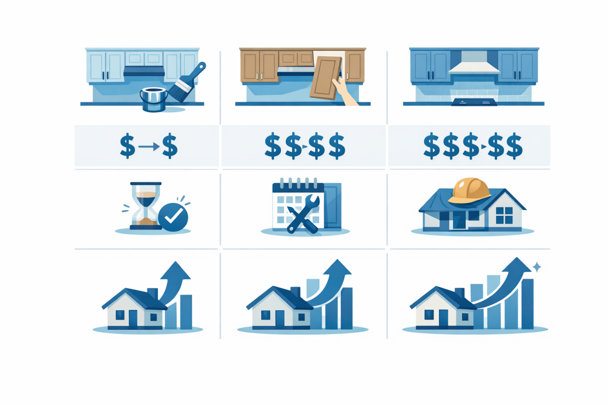 Infographic: Side-by-side cost and ROI comparison of refinishing vs refacing vs replacing for a mid-size Front Range kitchen, including typical cost ranges, disruption levels, and expected impact on resale