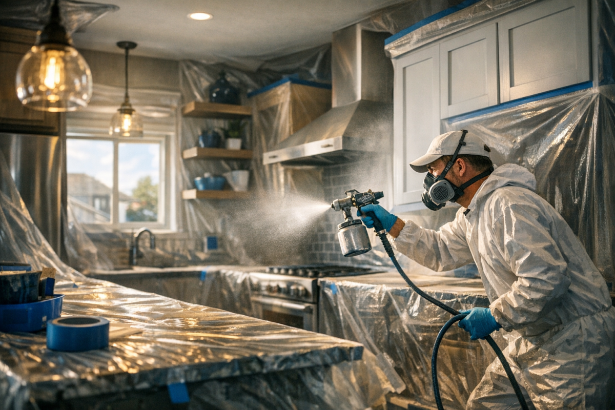 Wide shot of a Denver kitchen mid-refinishing, with masked counters and a pro spraying cabinets