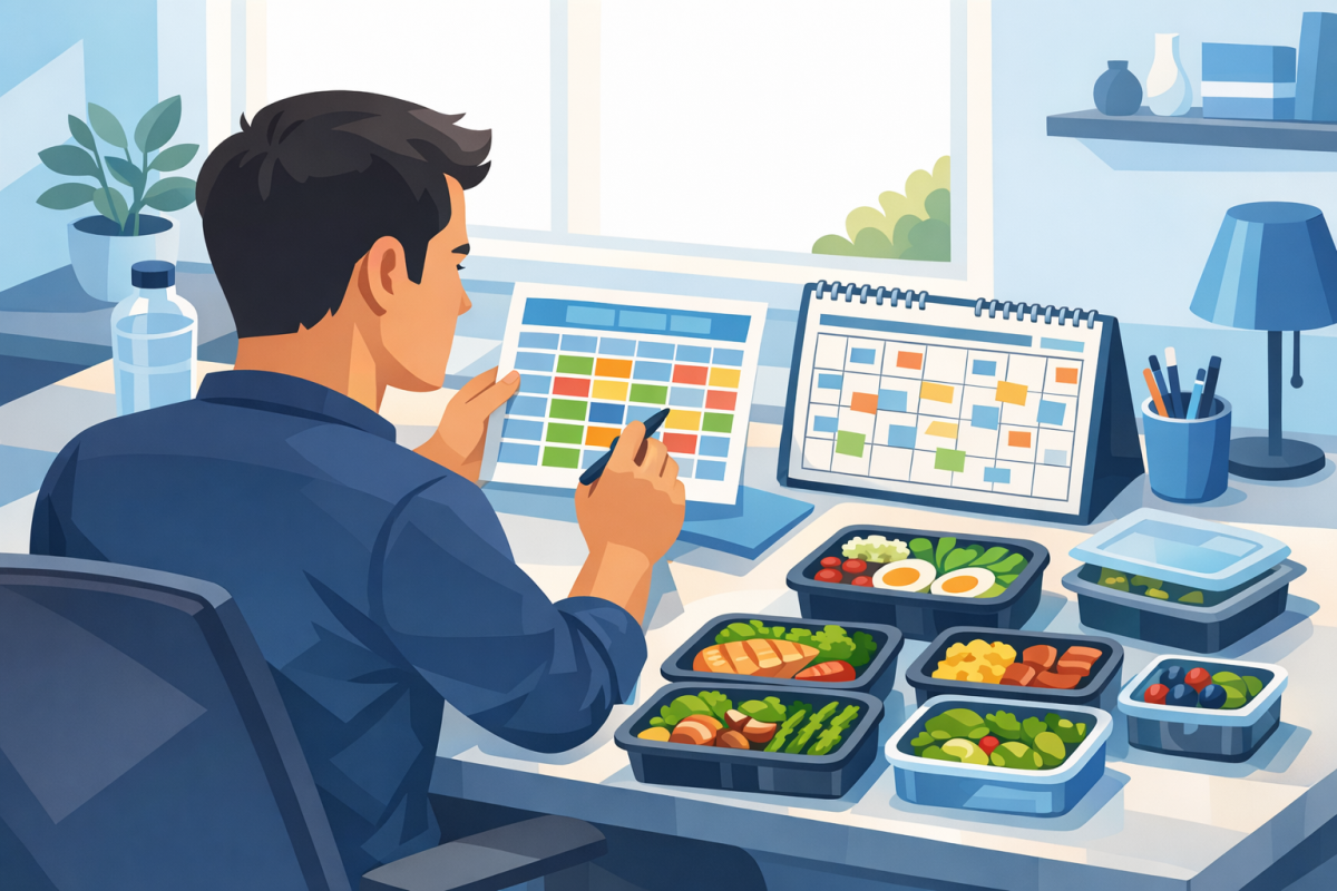 Illustration of a busy professional at a desk checking a color coded weekly meal prep plan, calendar, and containers