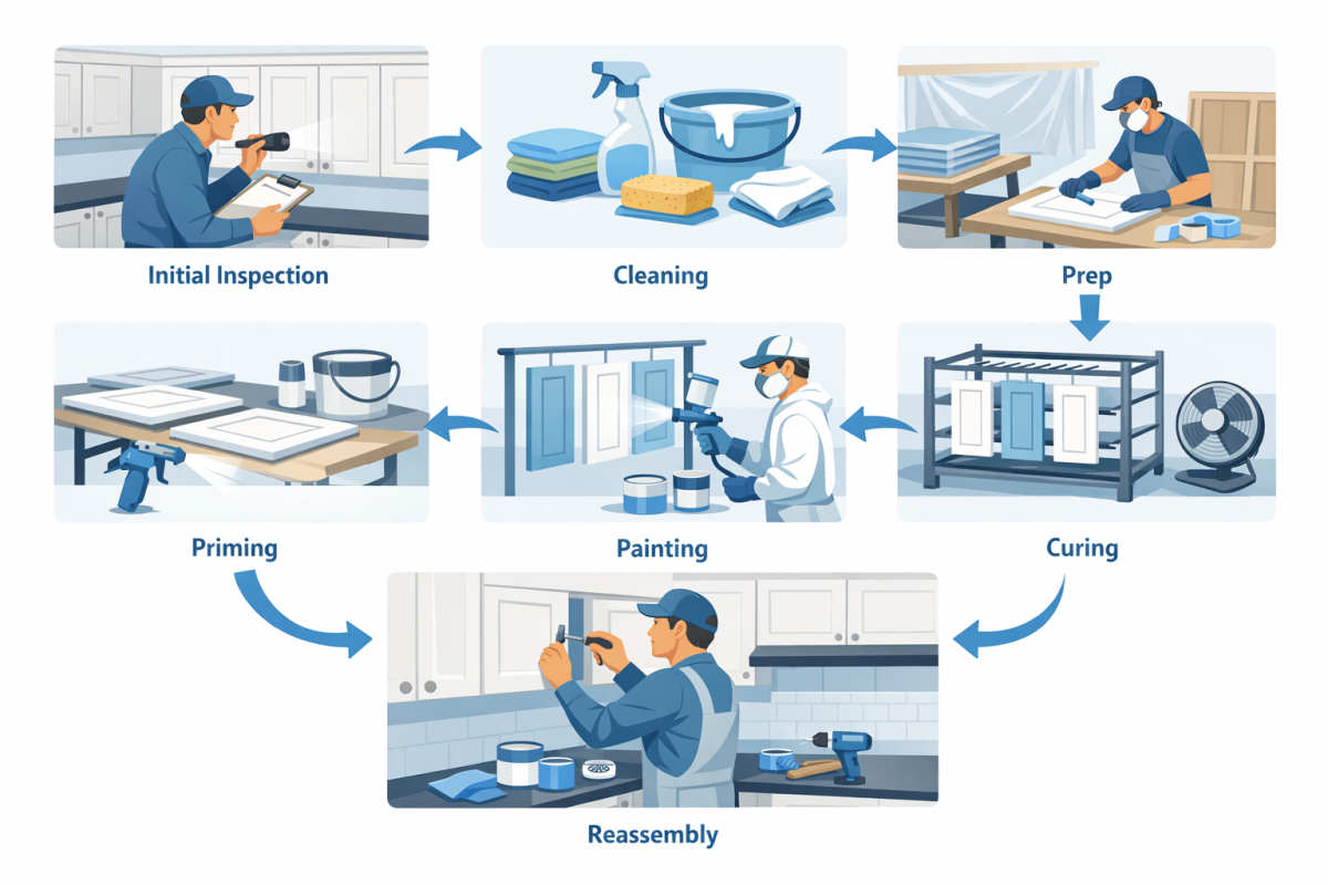 Infographic: Step-by-step process diagram of professional cabinet painting, from initial inspection through cleaning, prep, priming, painting, curing, and reassembly