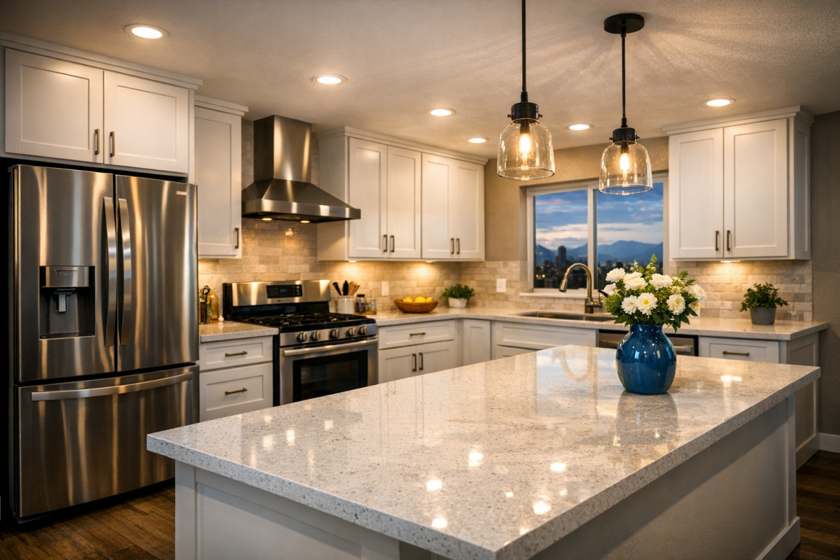 Wide shot of a newly refinished Denver flip kitchen with white shaker cabinets, quartz counters, and stainless appliances