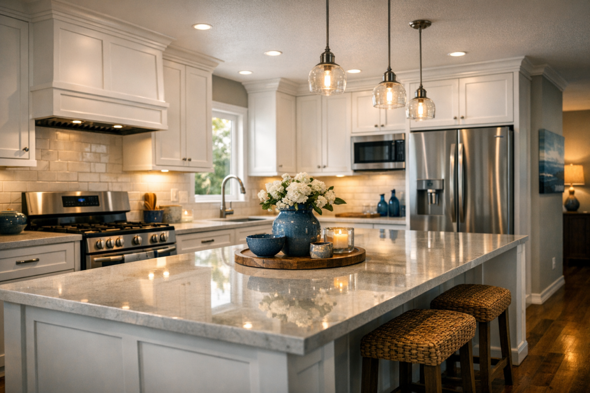 Wide cinematic shot of a remodeled Lakewood kitchen with freshly spray-finished white cabinets, quartz counters, and stainless appliances