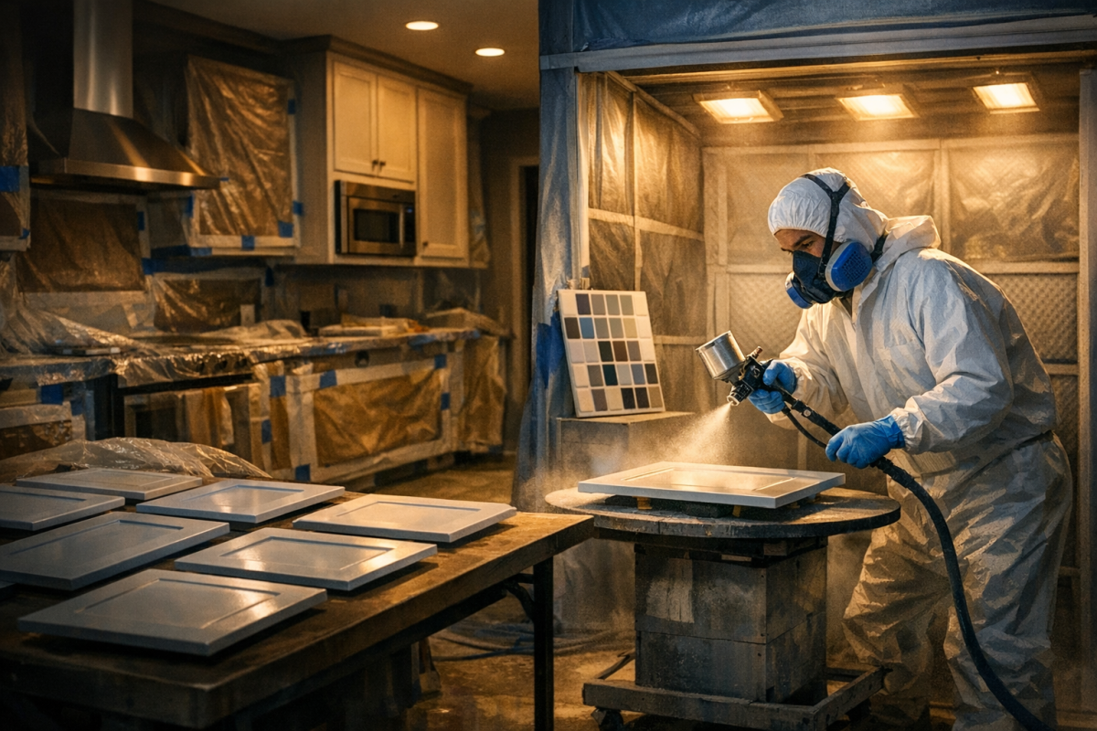 Wide shot of a Denver kitchen mid-project, cabinets masked and doors removed, painter spraying doors in controlled booth