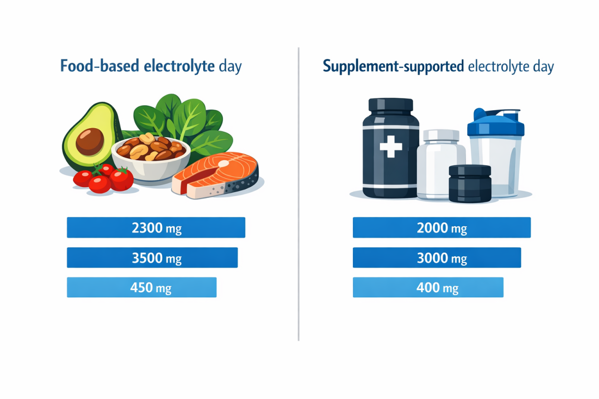Infographic: Side-by-side comparison chart of “Food-based electrolyte day” vs “Supplement-supported electrolyte day,” including sodium, potassium, and magnesium totals