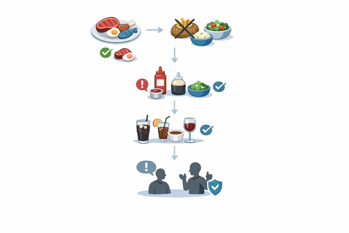 Infographic: A compact checklist flowchart showing: 1) Pick protein, 2) Swap sides, 3) Control sauces, 4) Choose drinks, 5) Handle social pressure, each with icons and brief notes
