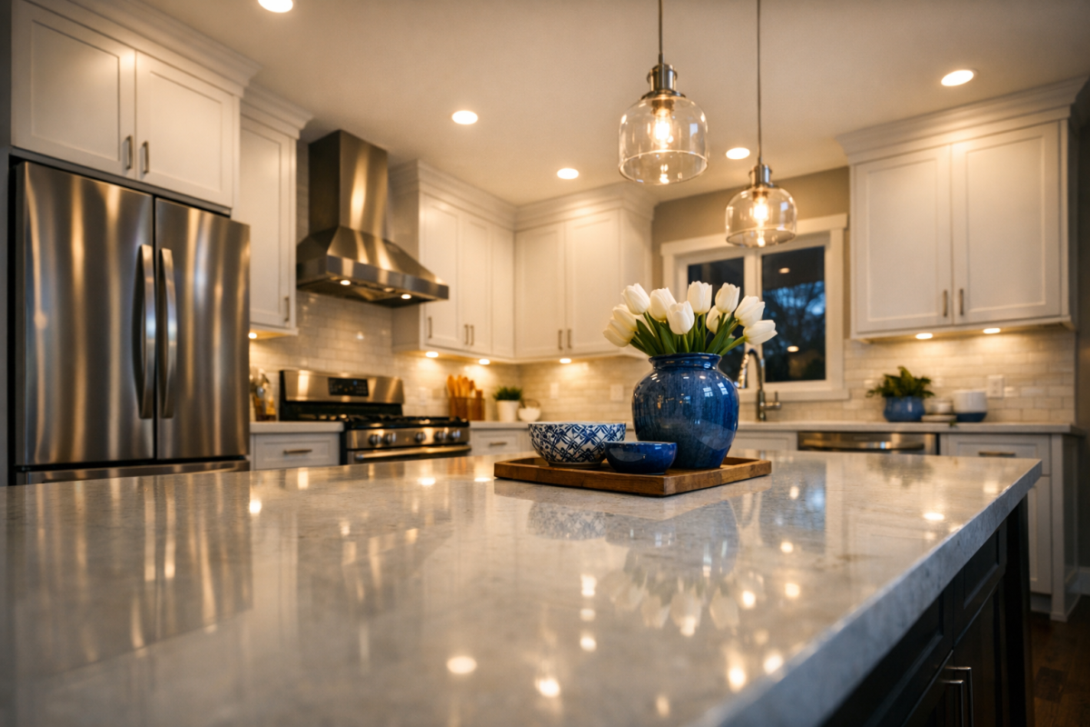Wide cinematic shot of a modern Denver kitchen with freshly spray-finished white shaker cabinets, quartz counters, and stainless appliances