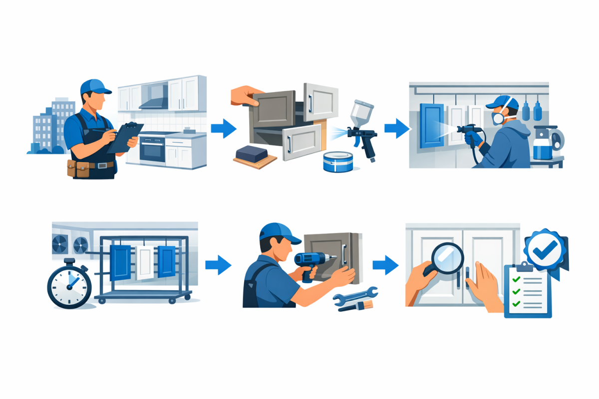 Infographic: Step by step process diagram for multi unit cabinet refinishing workflow from survey through final quality check
