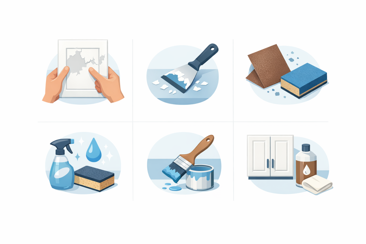 Infographic: Step-by-step process diagram showing the lifecycle of fixing peeling cabinet paint: Inspect → Remove loose paint → Clean & sand → Prime → Paint → Maintain
