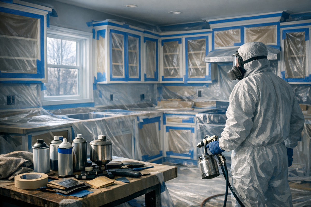Wide shot of a Littleton, Colorado kitchen mid-refinishing, masked and prepped for spraying