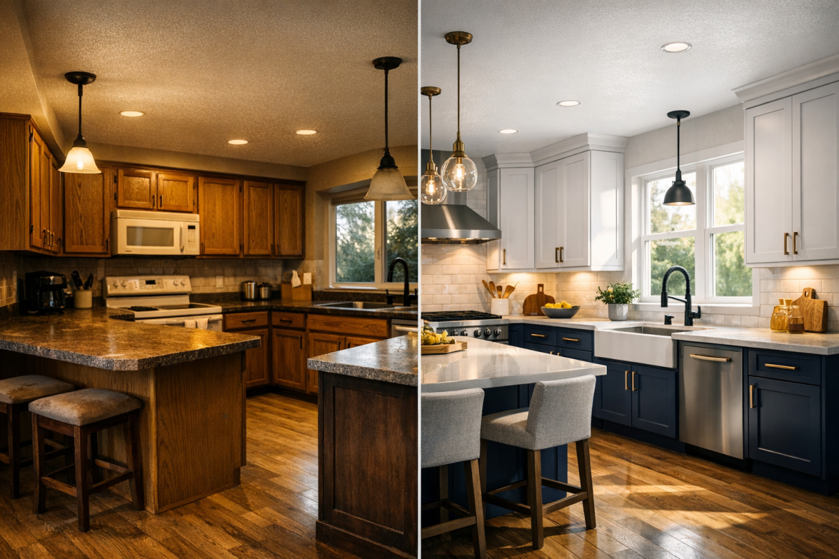 Wide shot of a Denver kitchen before and after cabinet refinishing, same angle, bright natural light