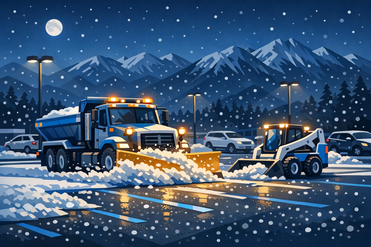 A commercial parking lot being plowed at night under lights, with mountains faintly visible in the background