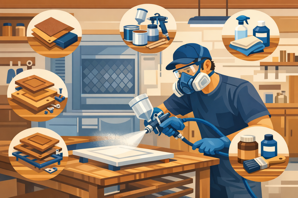 Illustration of a professional refinisher spraying cabinet doors in a controlled environment, with labeled steps of the process