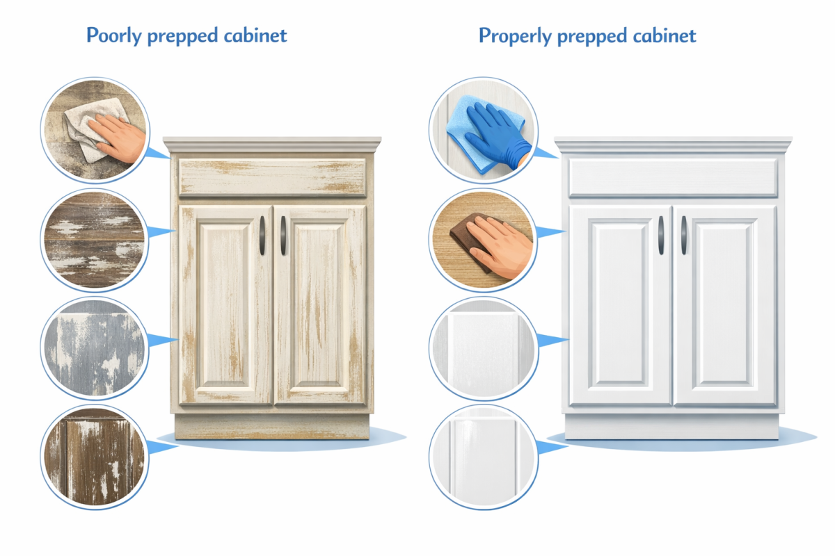 Infographic: Side‑by‑side comparison chart showing a “Poorly prepped cabinet” versus “Properly prepped cabinet” with callouts for cleaning, sanding, priming, and final finish appearance