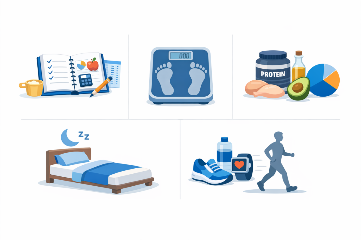 Infographic: 14‑day plateau‑break plan showing daily steps: track intake, weigh‑ins, macros, sleep, movement, and one or two strategic tweaks layered in