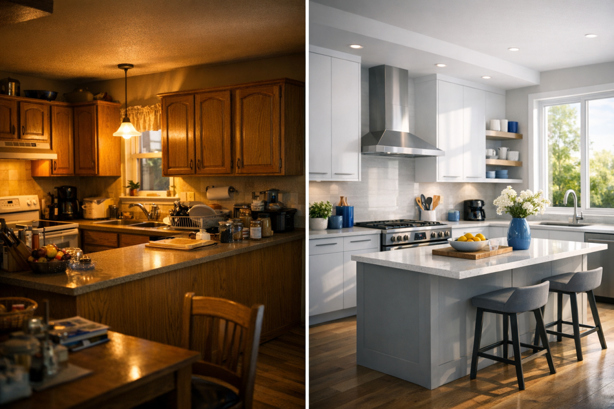 Before-and-after cinematic shot of an outdated oak kitchen transformed into a modern white and gray refinished kitchen