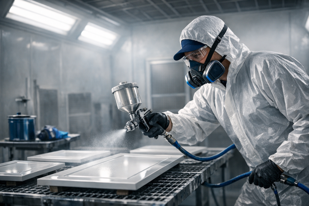 Professional refinisher spraying cabinet doors in a controlled booth with clean lighting and equipment