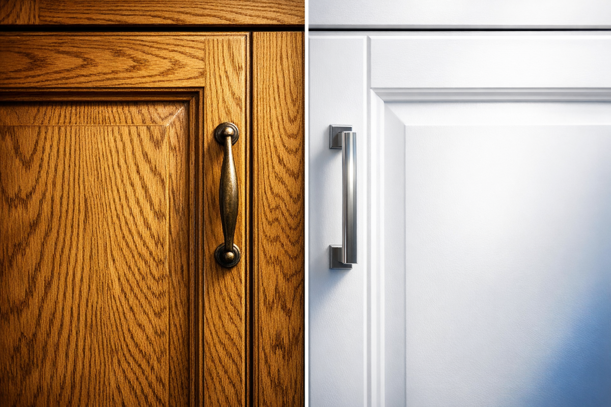 Close-up before/after of oak kitchen cabinets, showing heavy grain on left and smooth white factory finish on right