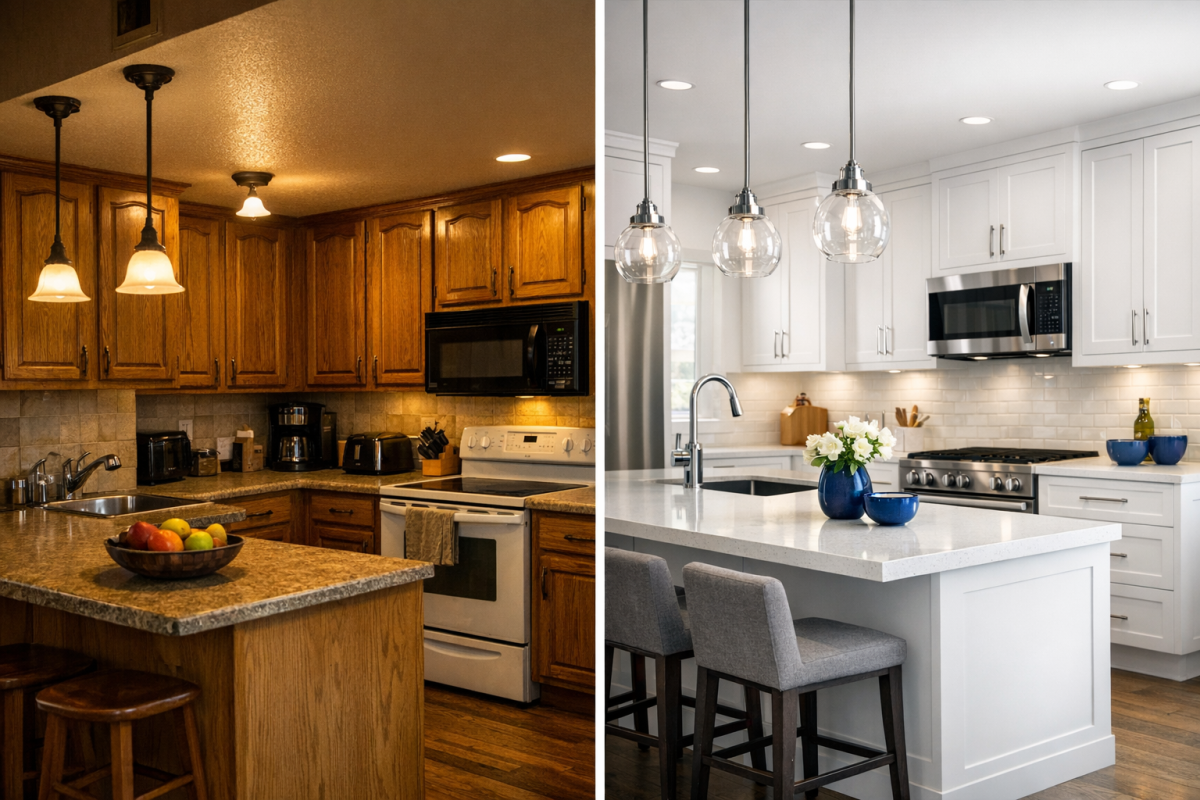 A before-and-after cinematic shot of a dated oak Boulder kitchen transformed into a sleek white factory-finished kitchen with modern hardware