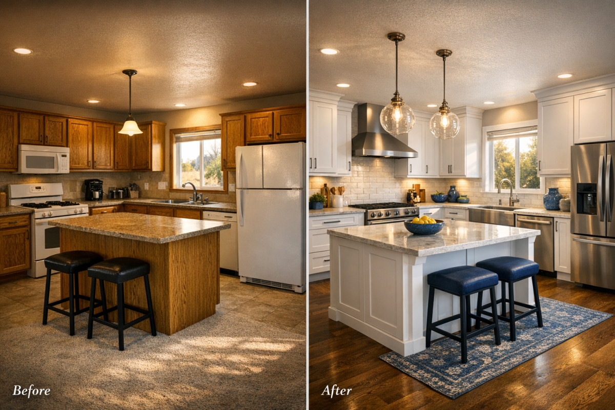 Before-and-after cinematic photo of a Colorado kitchen, showing dated oak cabinets transformed to modern white shaker finish