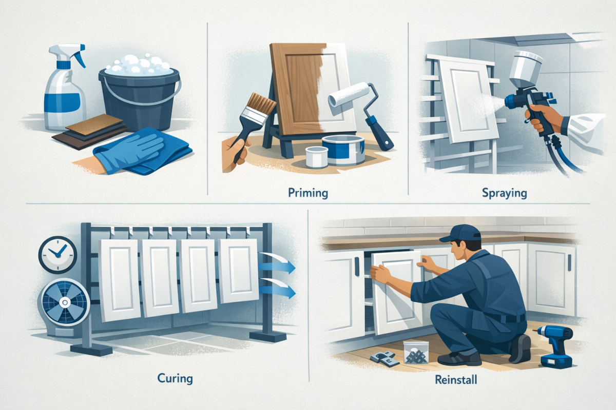 Infographic: Step by step process diagram of professional cabinet refinishing, from cleaning and prep through priming, spraying, curing, and reinstallation