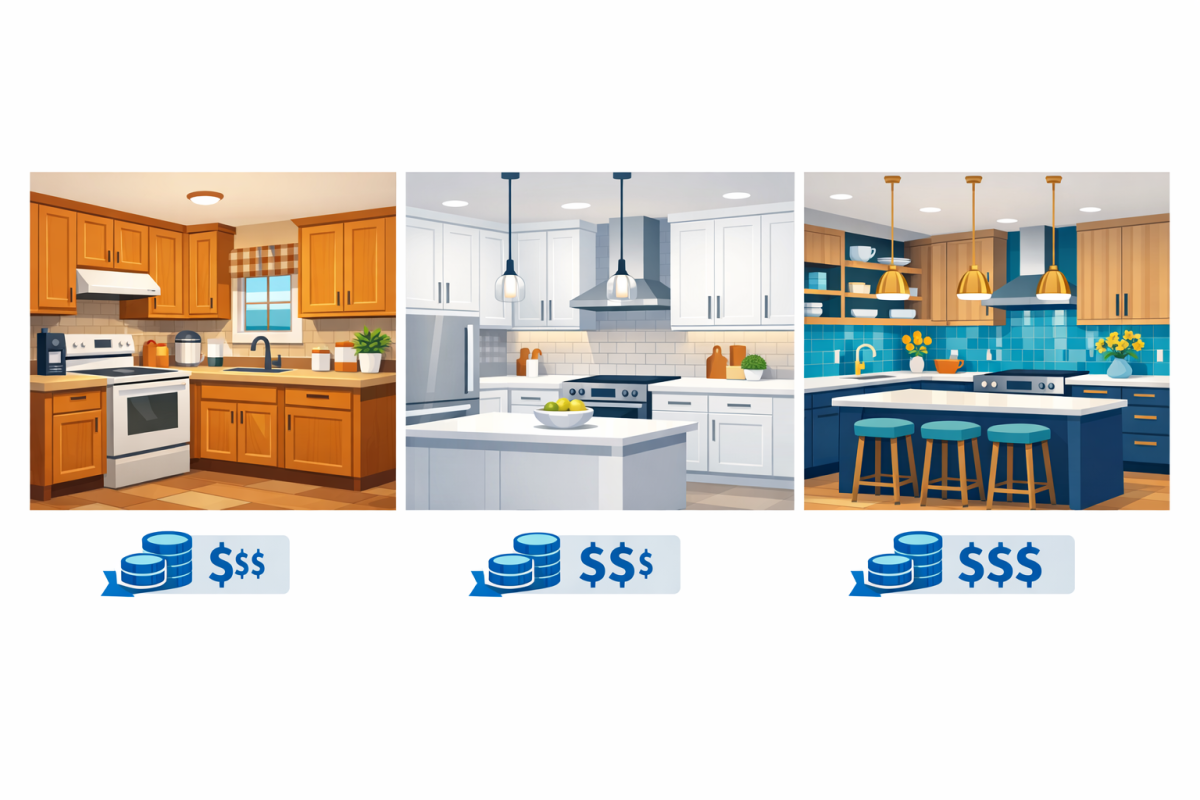 Illustration comparing three kitchens side by side: original oak, refinished white, and fully replaced, with subtle cost tags under each