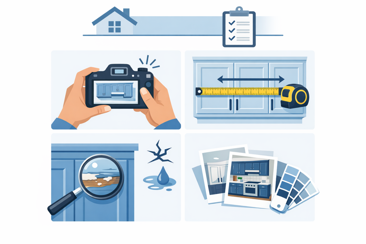 Infographic: Step by step diagram showing “Before the Estimate” prep checklist with icons for photos, measurements, problem area notes, and inspiration images
