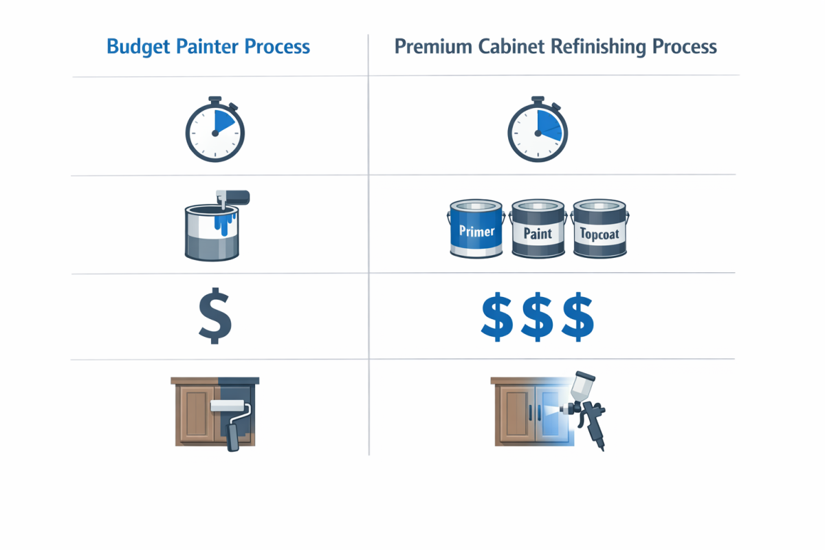 Infographic: Side by side comparison chart of "Budget painter process vs Premium cabinet refinishing process" highlighting steps, products, time to failure, and long term cost