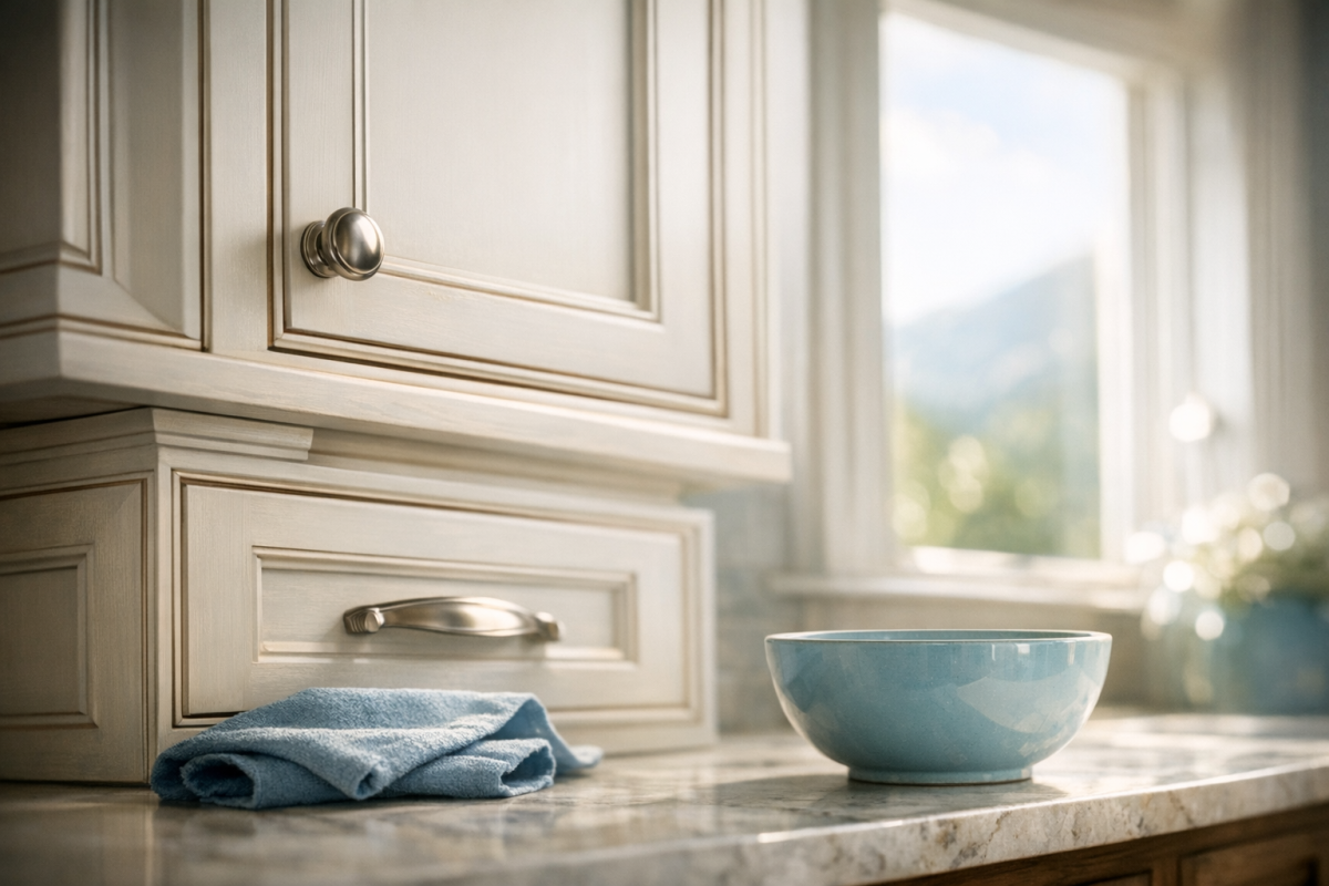 Close-up of white shaker cabinets with subtle mocha glaze in a bright Denver kitchen