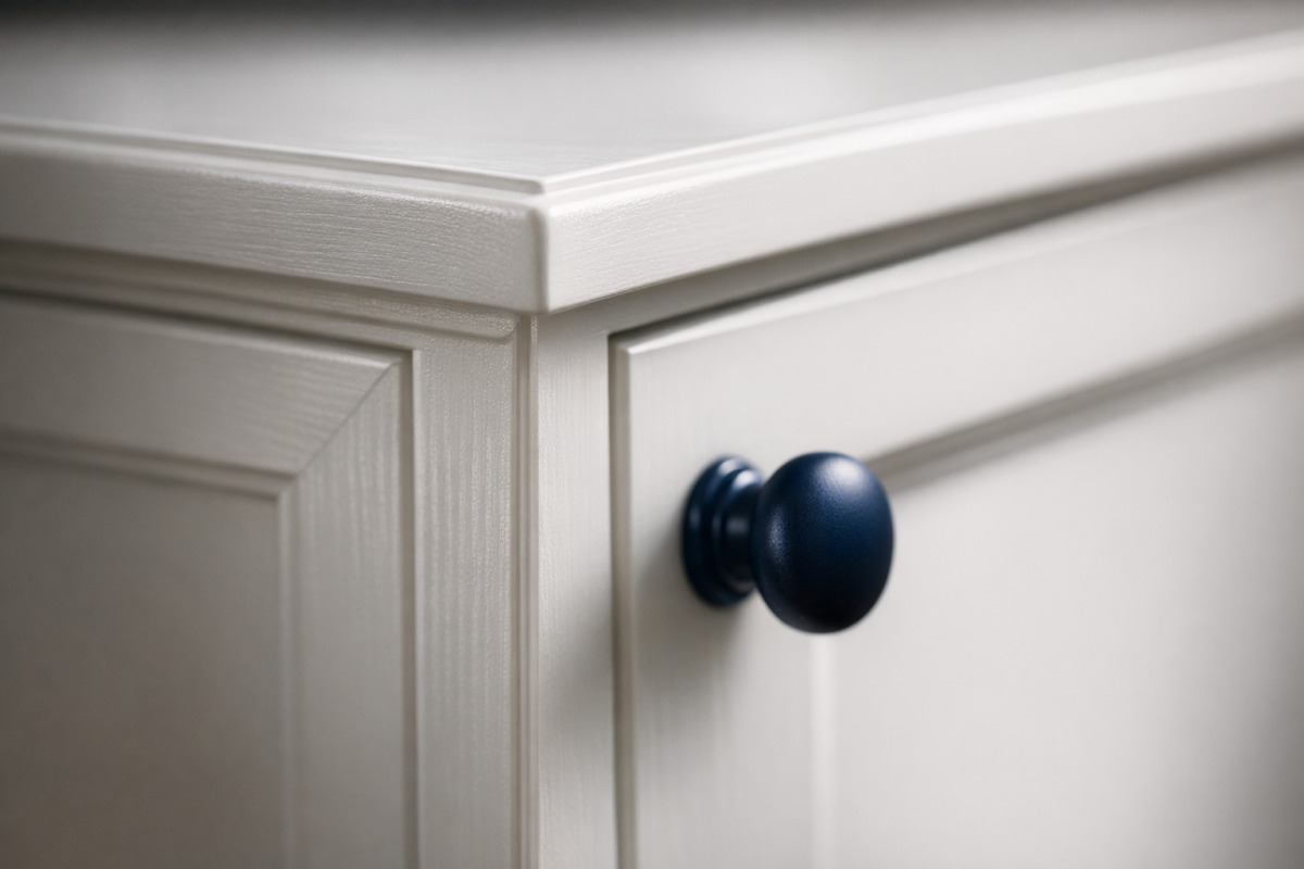 Close-up of a cabinet door corner showing flawless painted edge, satin sheen, and updated hardware