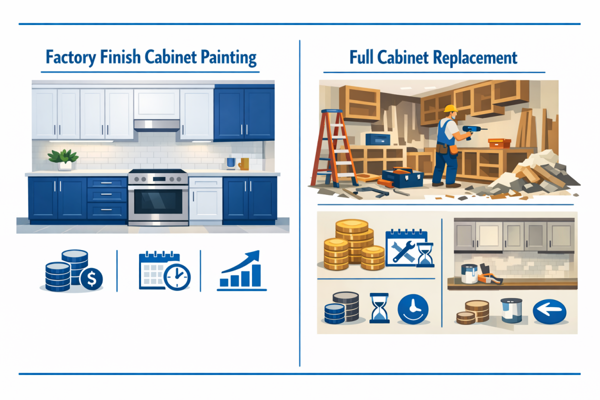 Infographic: Side-by-side comparison chart showing cost, timeline, and typical ROI of cabinet painting with factory finish vs full cabinet replacement vs basic repaint