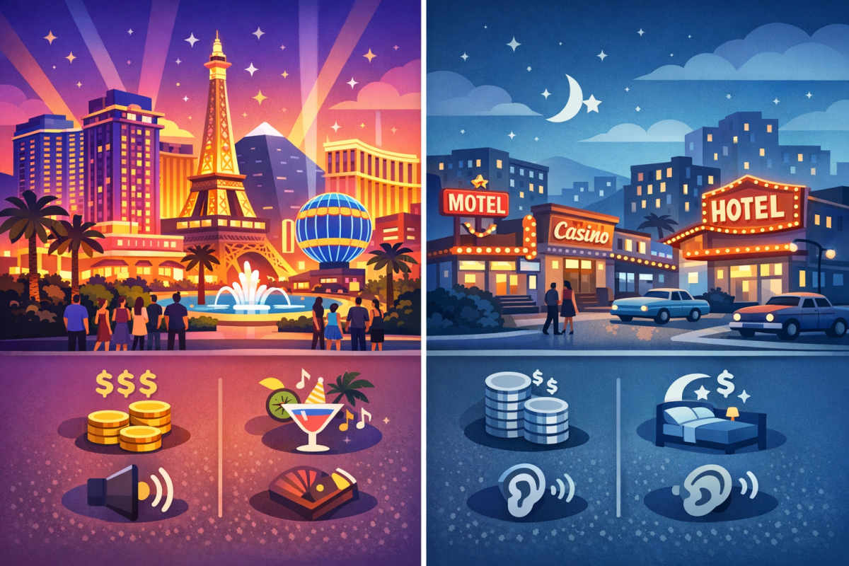 Infographic: Comparison chart showing Strip vs Downtown for categories like price, atmosphere, walkability, gambling value, luxury level, noise, and best for which traveler types.