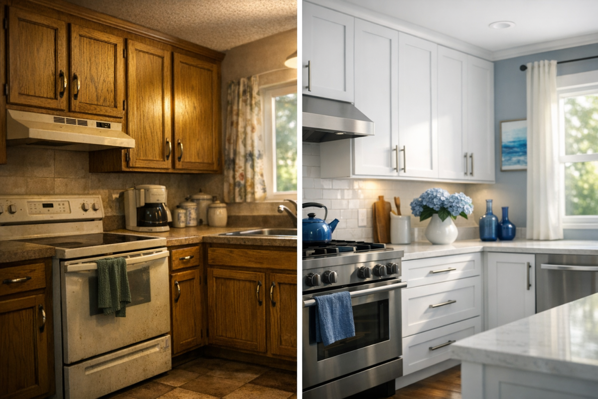Before-and-after split image of a dated oak kitchen transformed with painted shaker-style doors