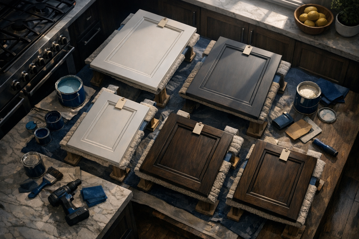 Overhead shot of a kitchen with cabinet doors removed, carefully labeled, and set up on stands for painting