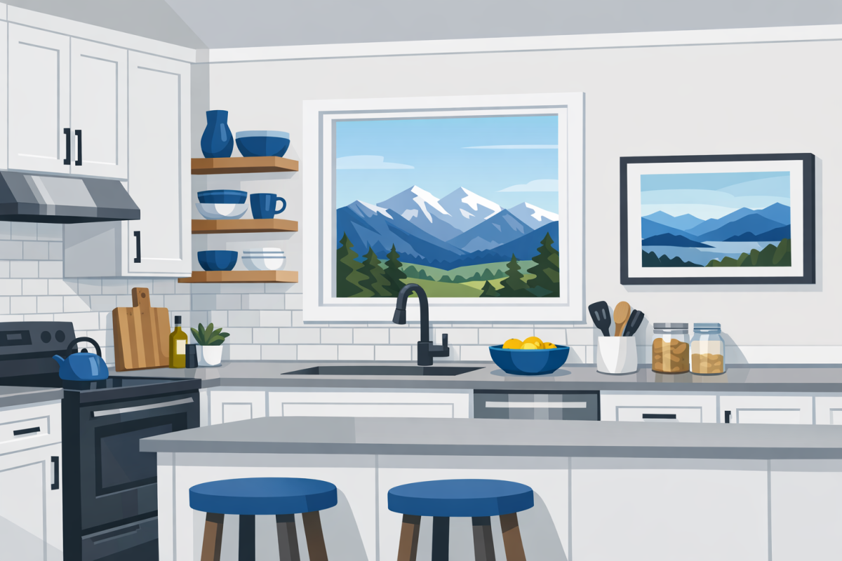 Illustration of a modernized Denver kitchen with freshly painted white shaker cabinets and black hardware, mountain view hinted through the window