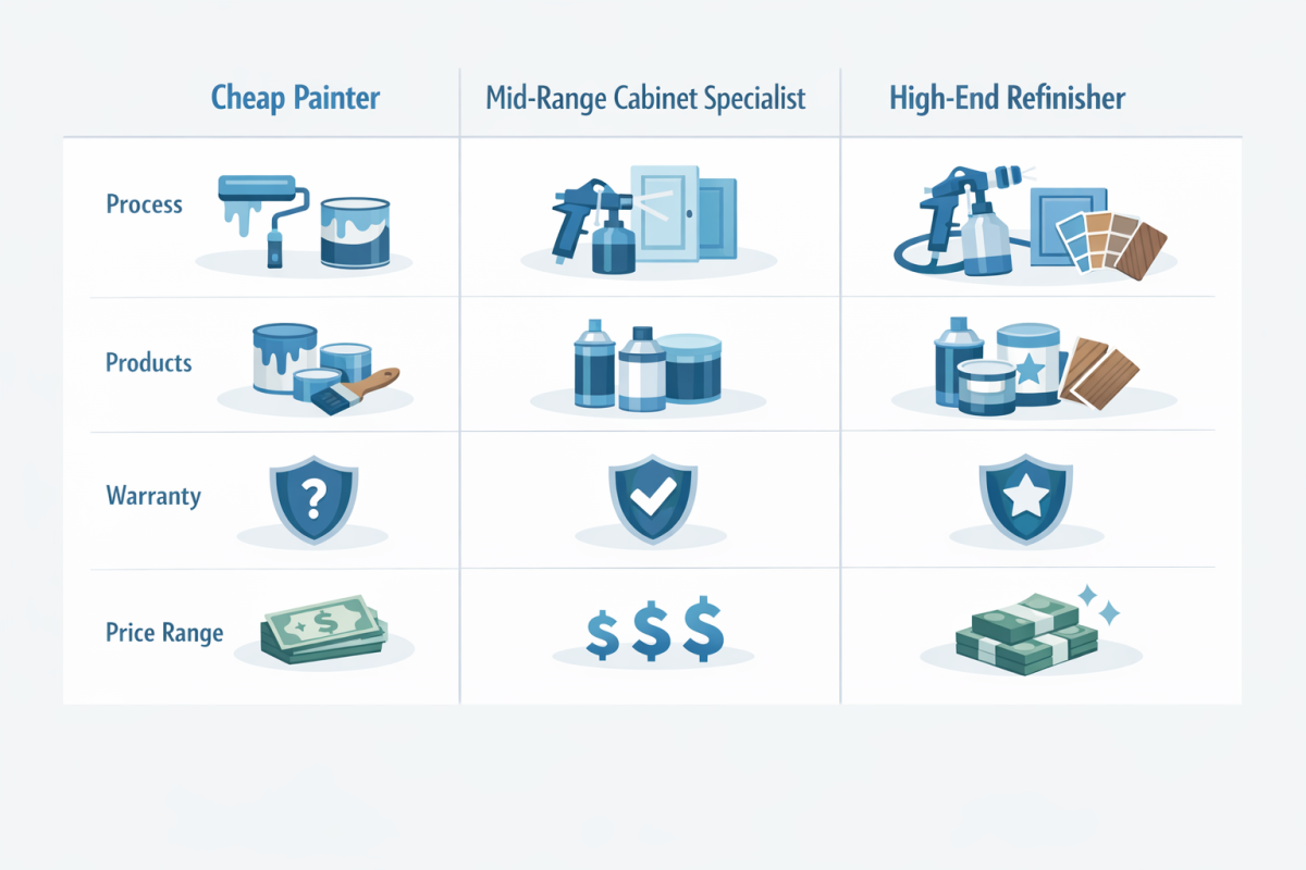 Infographic: Comparison chart showing three options side by side: “Cheap painter,” “Mid-range cabinet specialist,” and “High-end refinisher,” with rows for process, products, warranty, and price range