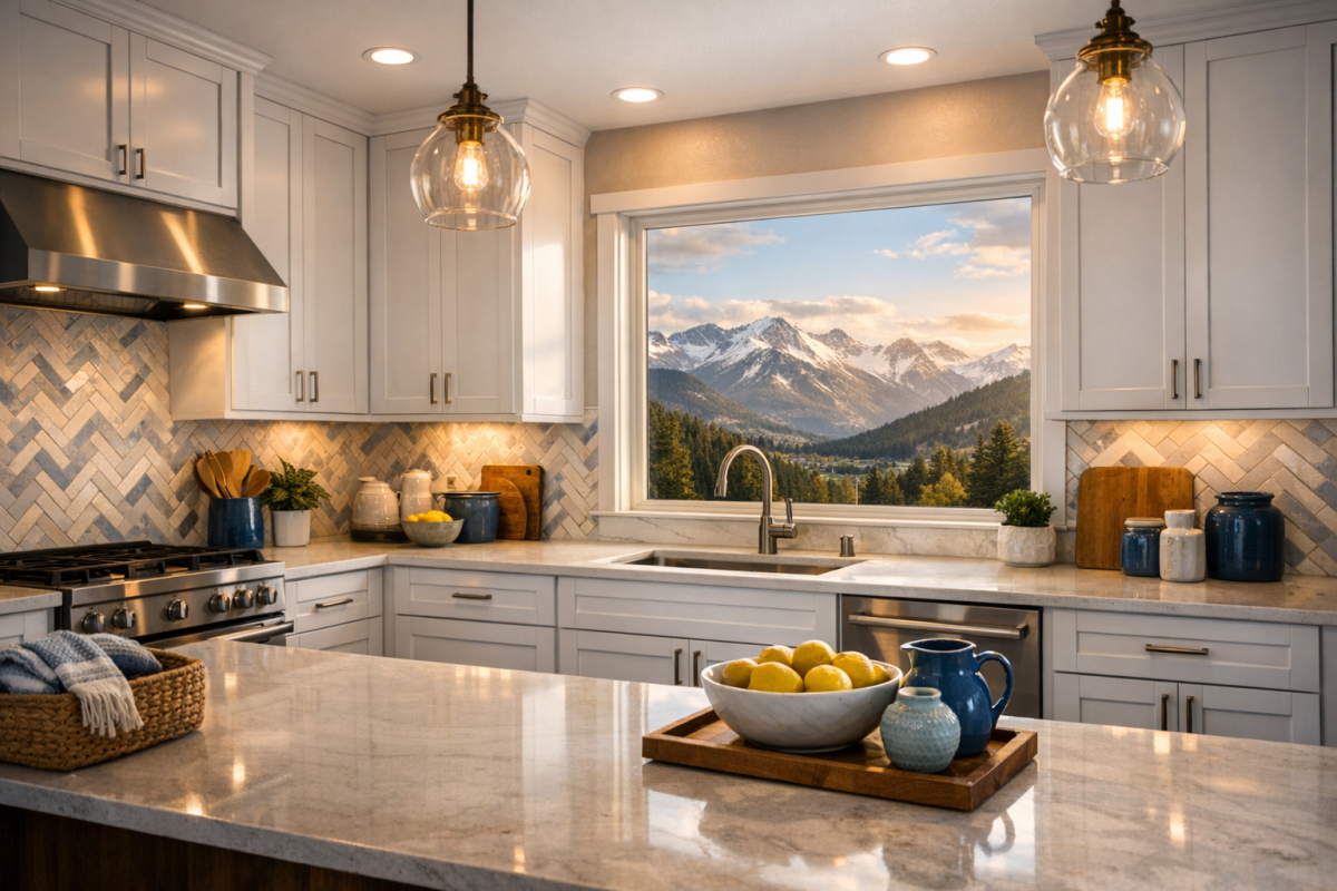Wide Colorado kitchen with freshly painted white shaker cabinets, quartz counters, and mountain view through window