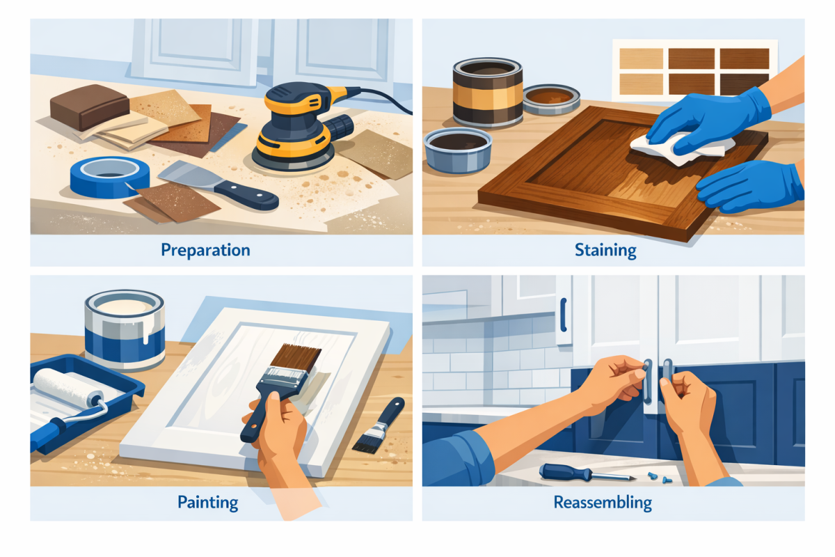 Infographic: Step‑by‑step process diagram for professional cabinet refinishing from prep to reassembly