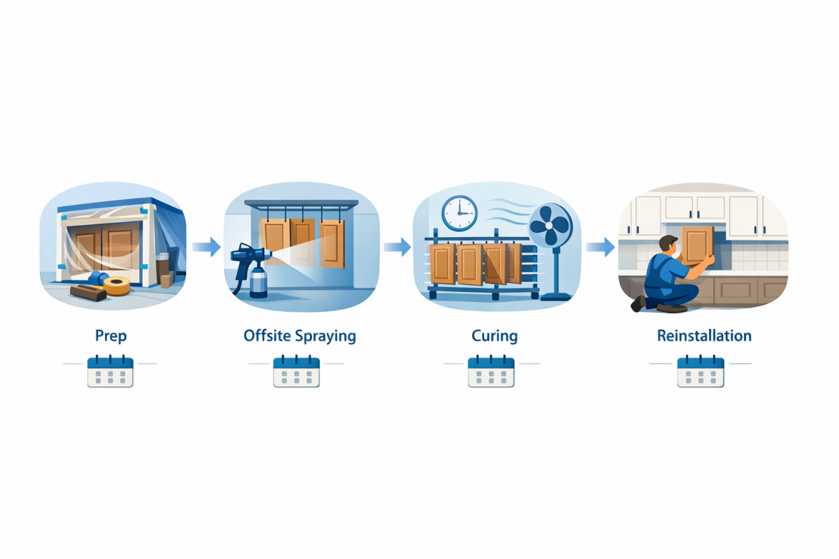 Infographic: Timeline flowchart showing each phase of high-end cabinet refinishing, from prep and removal, to offsite spraying, curing, and reinstallation, with typical day ranges for each step