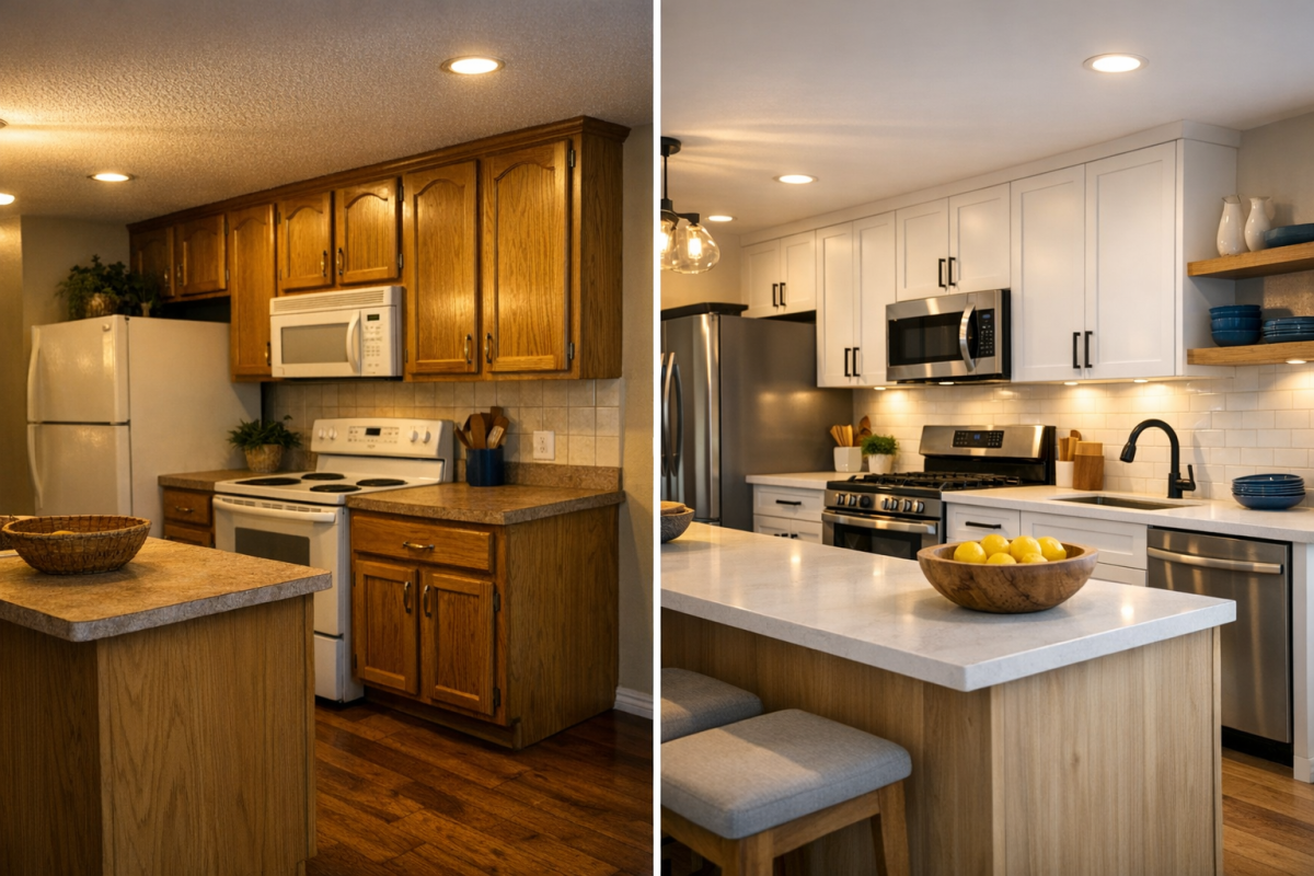 Before-and-after cinematic shot of outdated oak cabinets transformed to modern satin white in a Denver flip property
