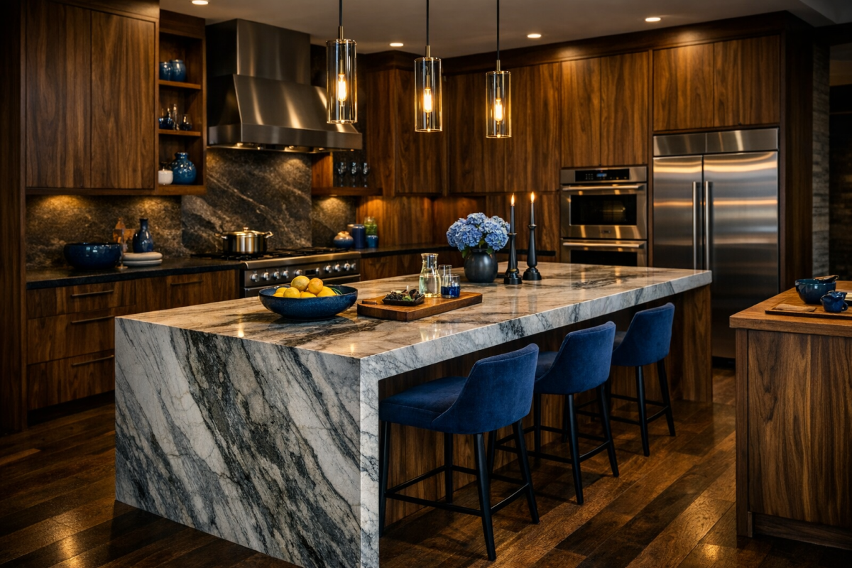 High‑end Boulder kitchen with full custom walnut cabinets, waterfall island, and modern lighting
