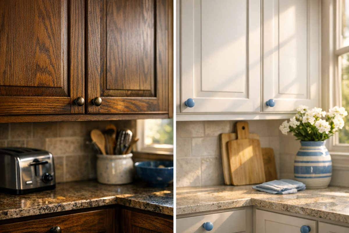 Close-up before-and-after of oak cabinets painted a modern light color in a Boulder kitchen