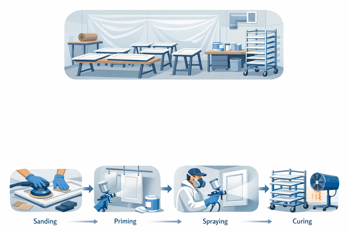 Infographic: Step-by-step process diagram of professional cabinet spray finishing from prep to final walkthrough