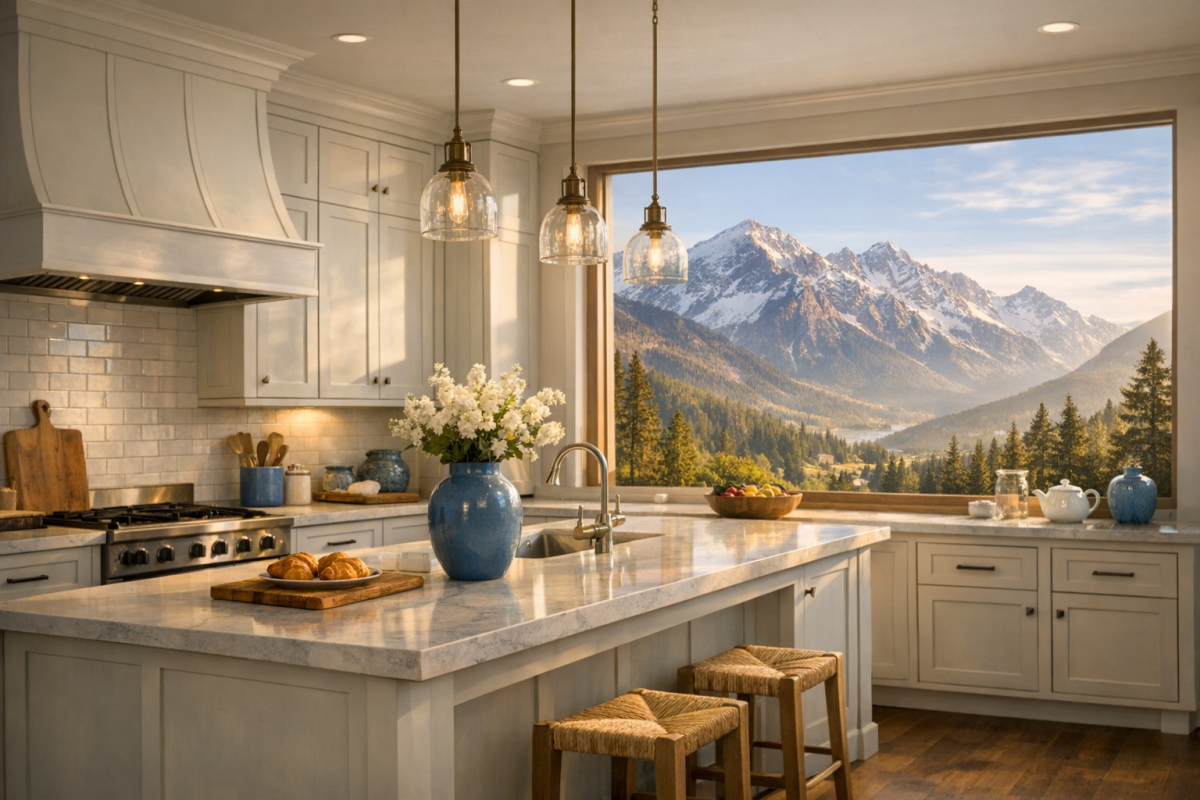 Wide cinematic shot of a Colorado kitchen with large windows, painted shaker cabinets, mountain view in the background, soft morning light