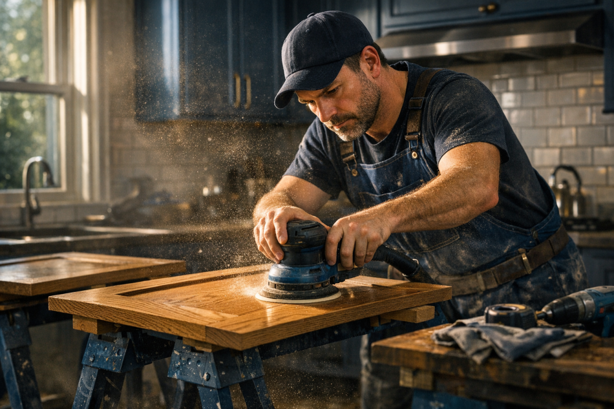 Close-up of a professional sanding cabinet doors on sawhorses in a residential kitchen