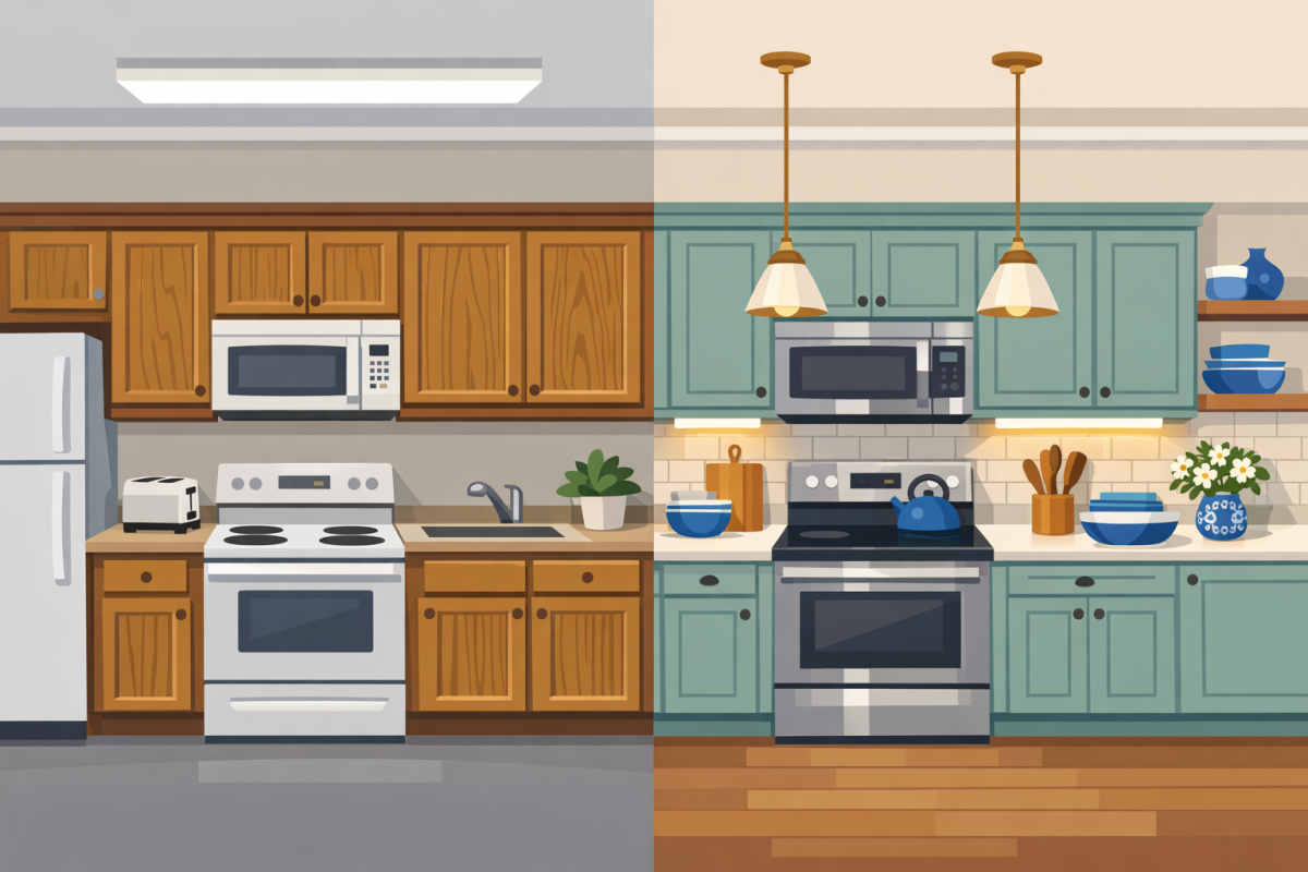 Illustrated kitchen elevation showing old oak cabinets with fluorescent box light vs same kitchen with painted cabinets, pendants, and under cabinet lighting