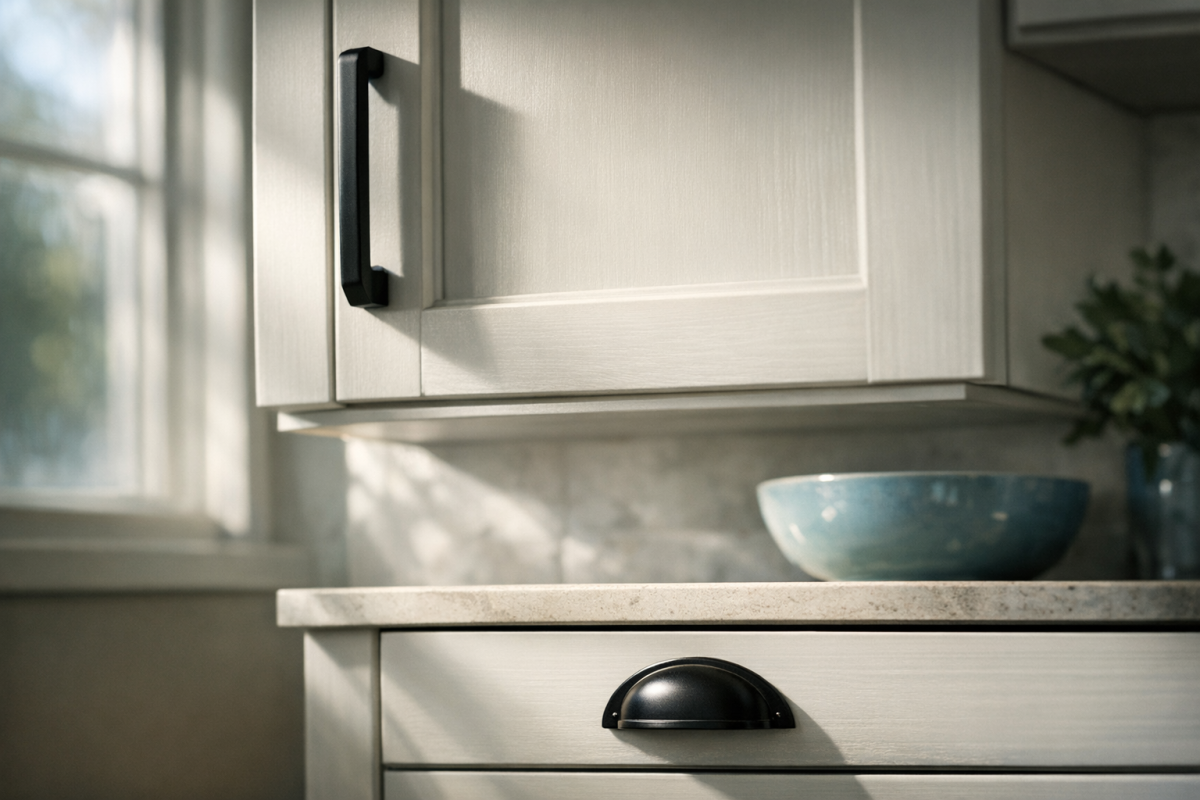Close-up of freshly painted kitchen cabinets in a modern Denver home, soft white finish with matte black hardware, natural light from a large window