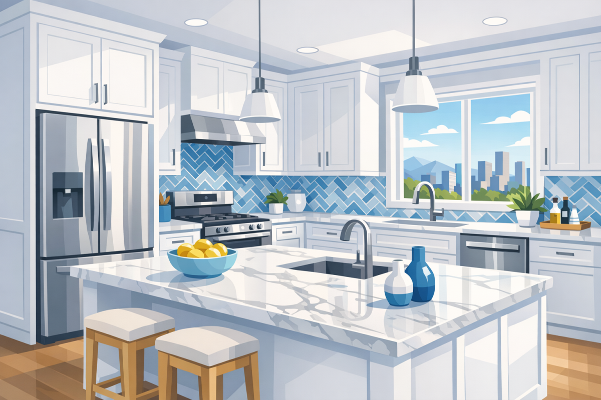 Bright Denver kitchen after dark wood cabinets were professionally painted a soft neutral white