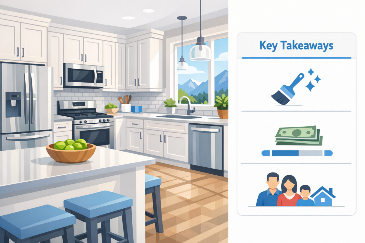 Infographic: “Key Takeaways” box showing benefits, cost range, and ideal candidates for refinishing dark wood cabinets
