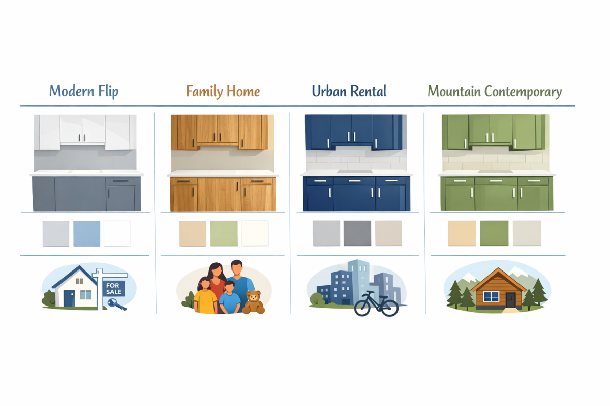 Infographic: Side-by-side comparison chart showing 4 cabinet color schemes with photos, recommended wall colors, and best use cases: "modern flip," "family home," "urban rental," "mountain contemporary"